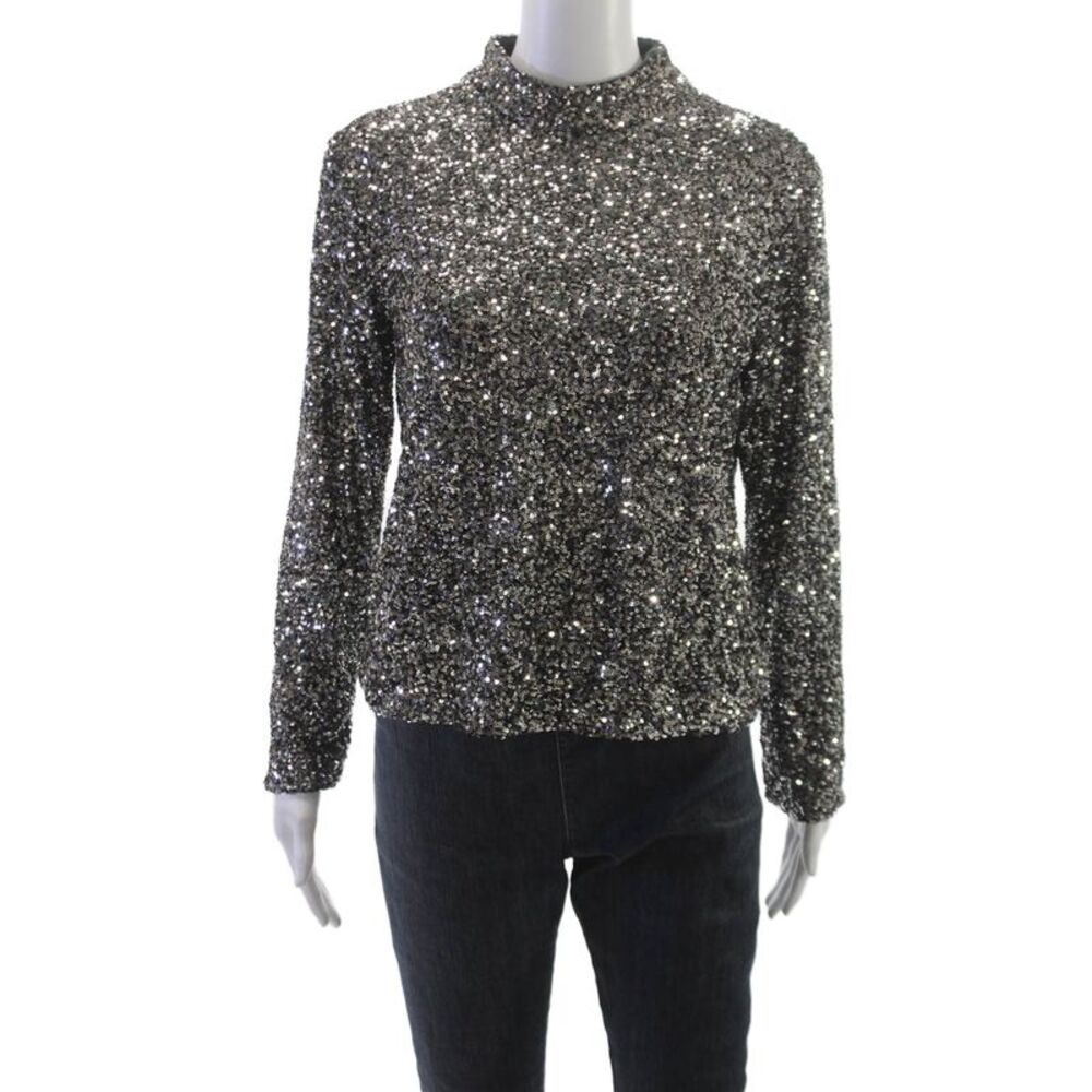 Insight Womens Silver Mock Neck Zip Blouse Polyester Long Sleeve Size M